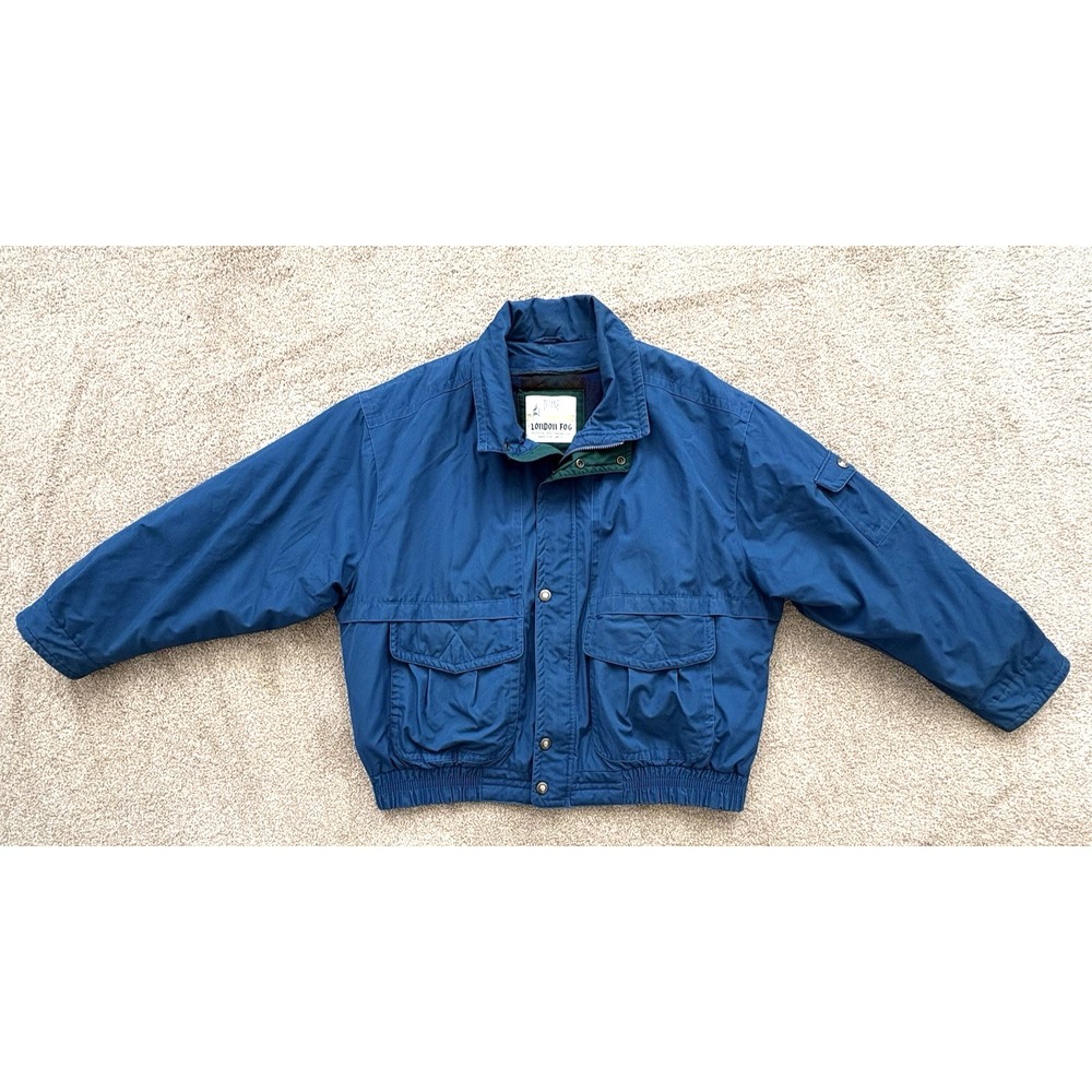 Vintage TOWNE London‎ Fog Jacket XL Long Blue Bomber Coat Removable Plaid Lining